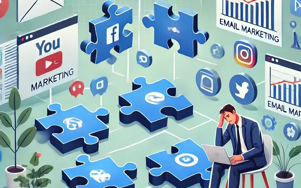 An isometric illustration of a man sitting at a table with a laptop surrounded by puzzle pieces.