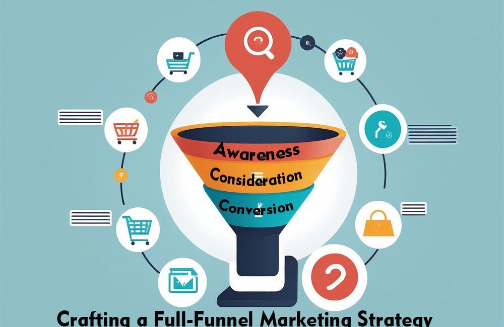 Marketing funnel with stages: Awareness, Consideration, Conversion. Surrounding icons: shopping carts, search icon, lock, and envelopes.