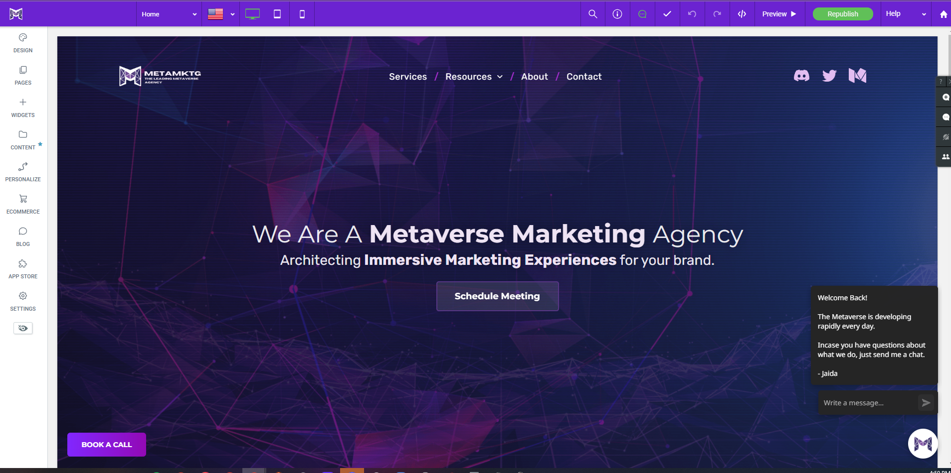 A computer screen shows a website for a metaverse marketing agency