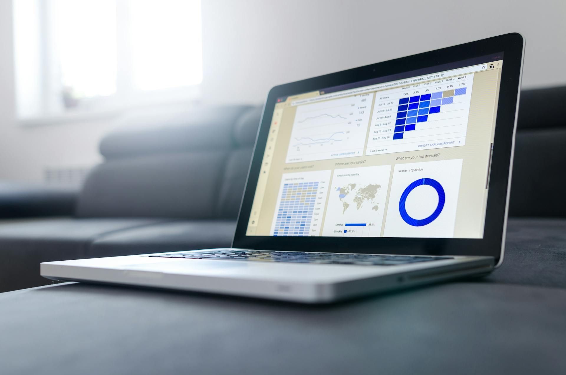 Laptop displaying data analytics dashboard, resting on a gray couch. The screen shows various charts and graphs, primarily blue and white.