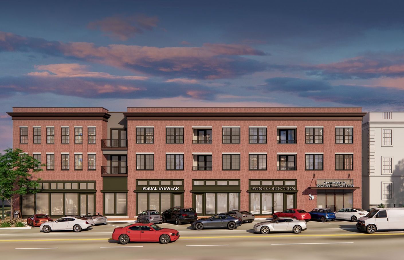 A rendering of a large brick building with cars parked in front of it.
