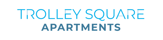 The logo for Trolley Square is blue and white.