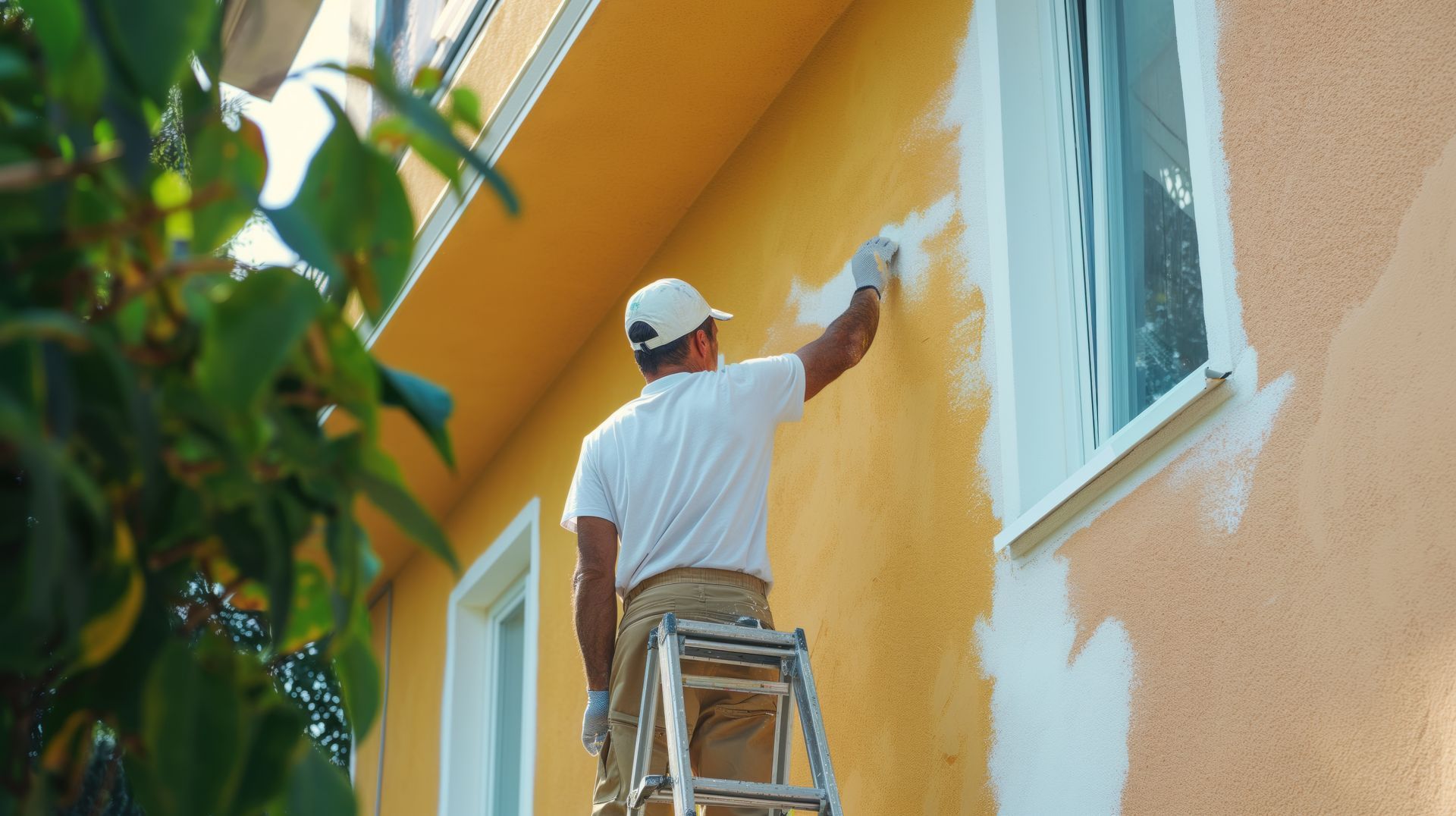 Person painting the exterior of a yellow house, standing on a ladder.