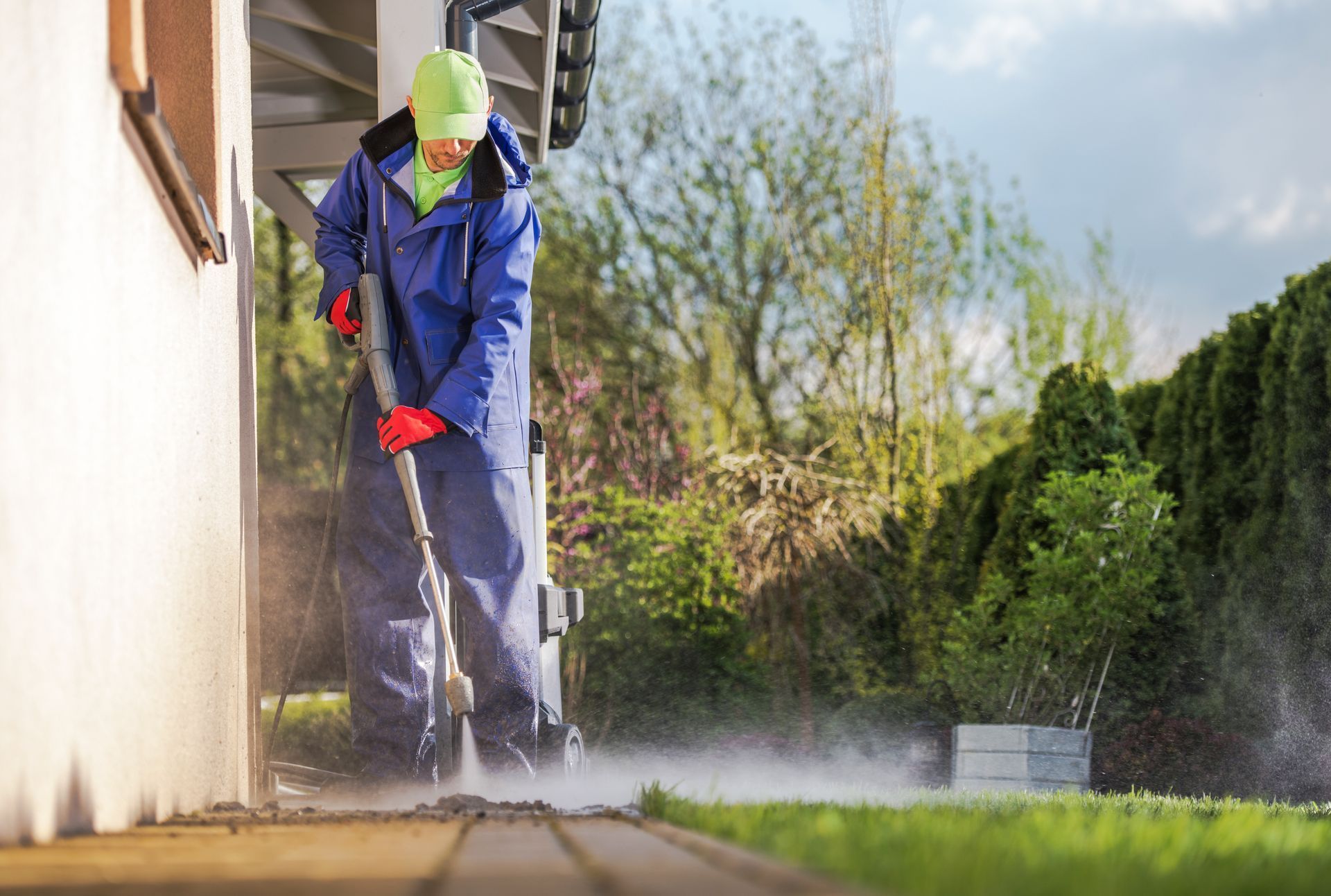 A man is cleaning a sidewalk with a high pressure washer.