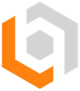 Un logo hexagonal blanc et orange sur fond blanc.