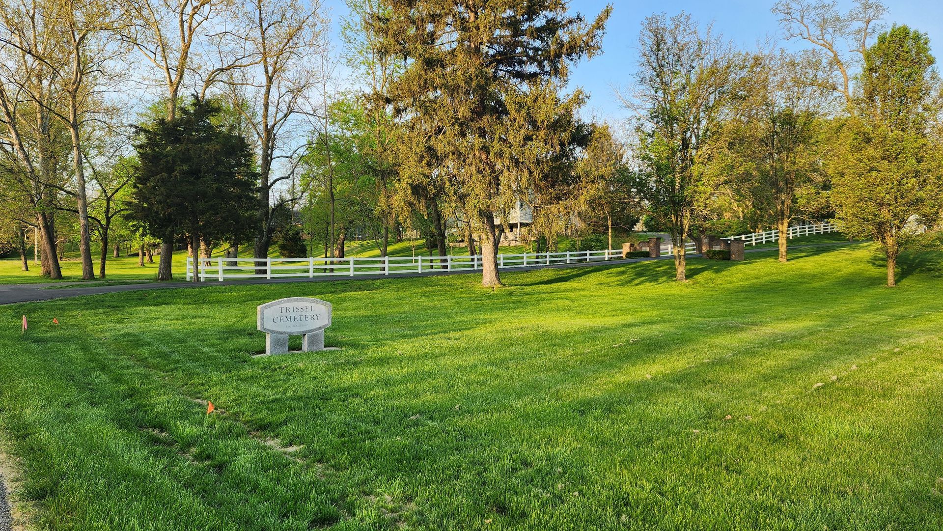 A large grassy field with trees and a white fence in the background.