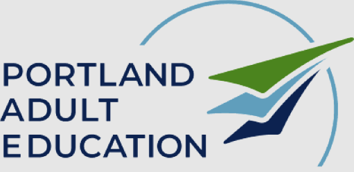 A logo for portland adult education with a blue and green arrow