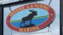 A moose landing marina sign with a moose on it