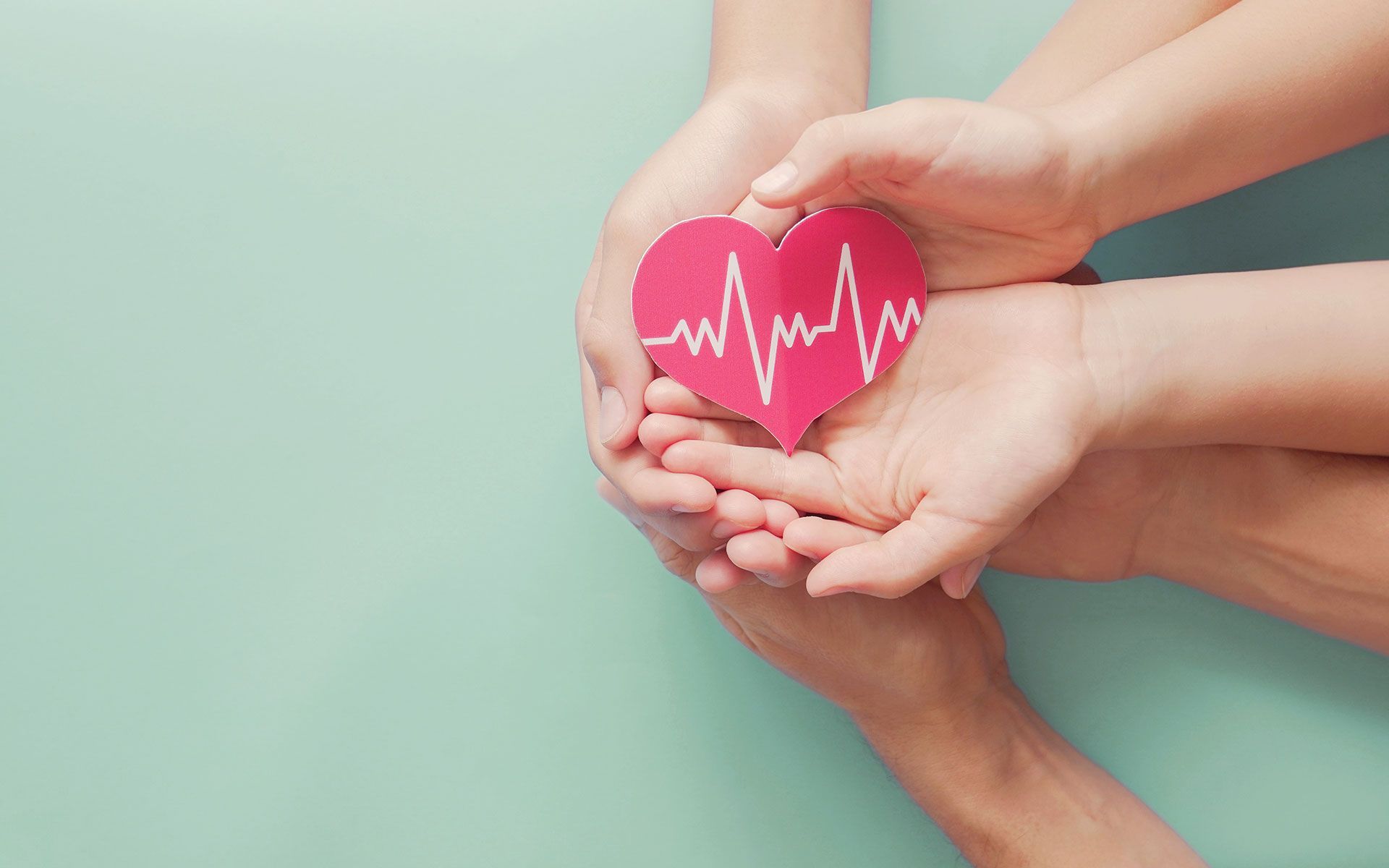 A couple of hands holding a paper heart with a heartbeat on it.