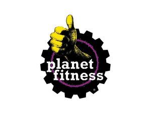 The logo for planet fitness shows a hand giving a thumbs up.