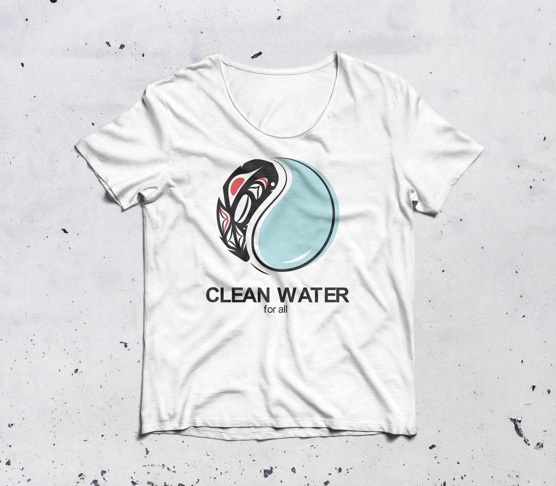A white t-shirt that says clean water on it