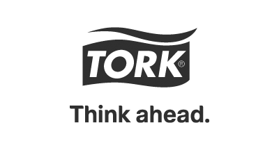 The Tork logo is black and white and says `` think ahead ''.