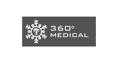 A logo for 360 degree medical with a snowflake in the middle.