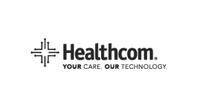 The healthcom logo is black and white and says `` your care , our technology ''.