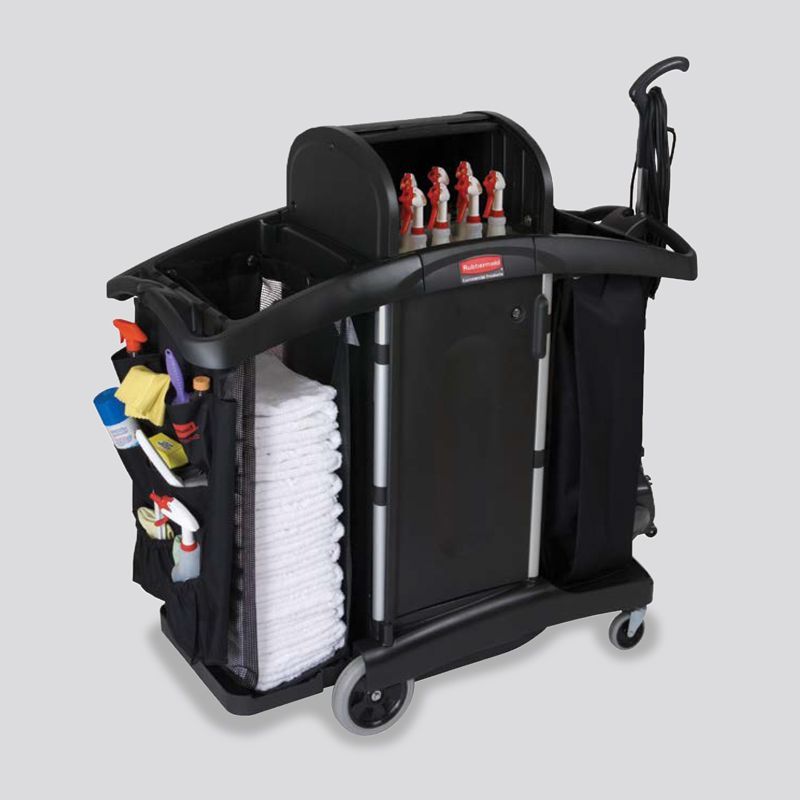 A black cleaning cart filled with cleaning supplies
