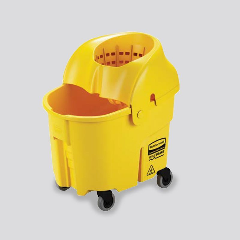 A yellow mop bucket with wheels
