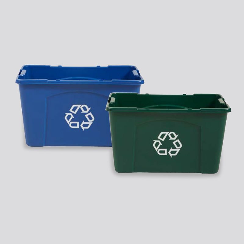 A blue and a green recycling bin with a recycling symbol on them