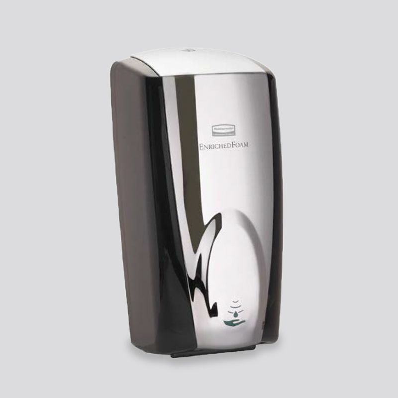 A black and silver soap dispenser is sitting on a white surface