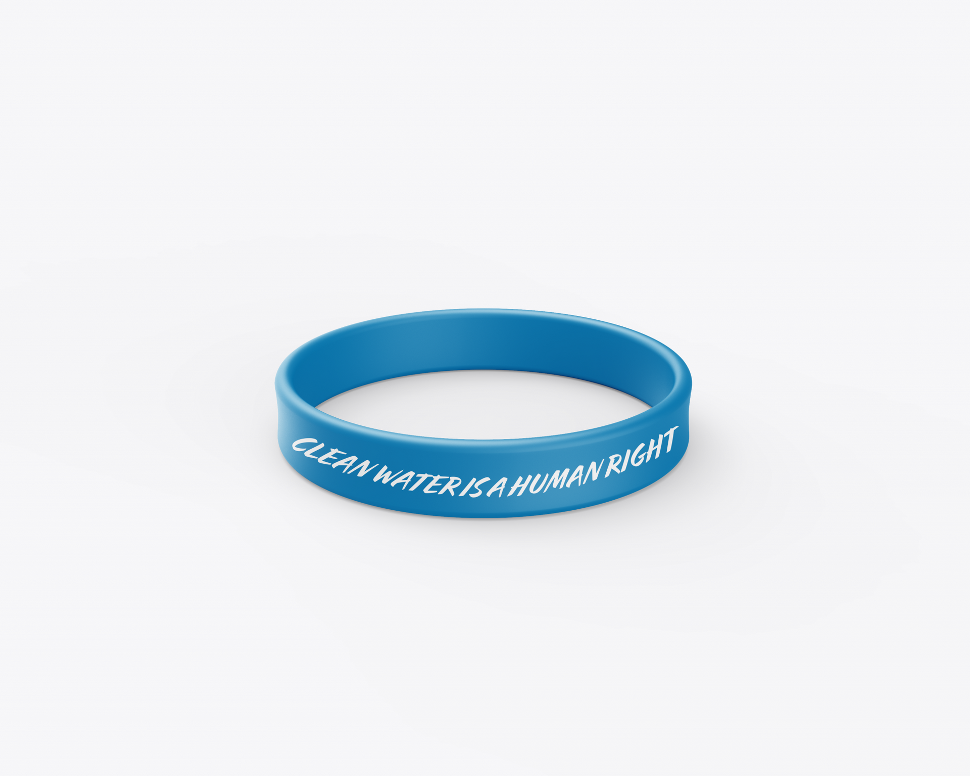 A blue bracelet that says clean water is a human right