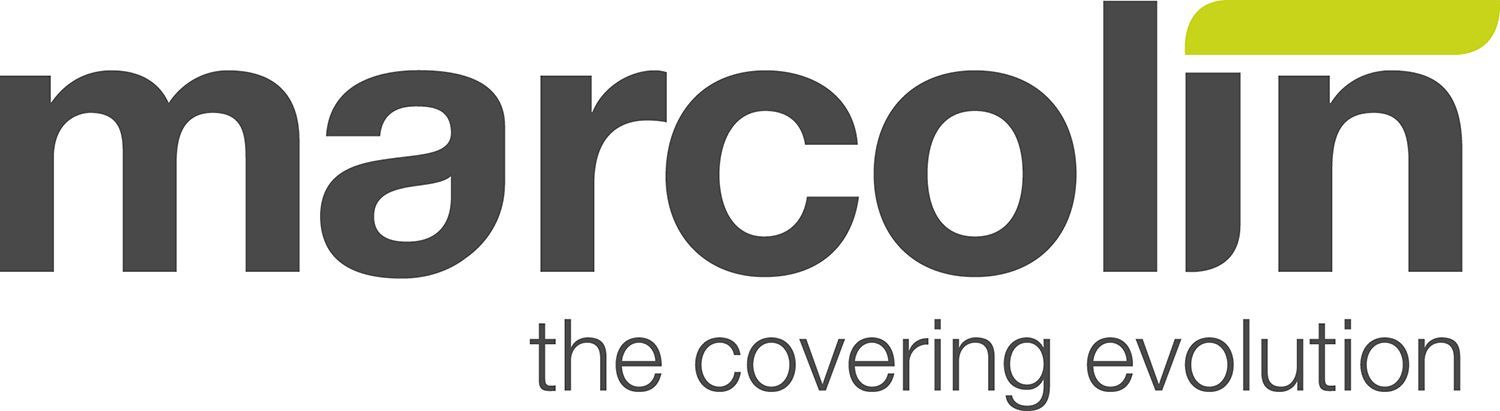 Logo di Marcolin, con testo grigio scuro e forma verde lime. Lo slogan recita: 
