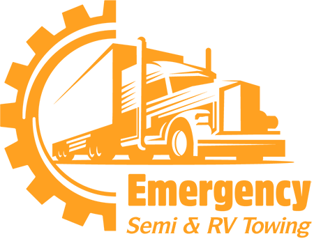 An orange logo for emergency semi and rv towing