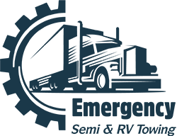 The logo for emergency semi and rv towing shows a semi truck driving down the road.