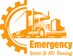 An orange logo for emergency semi and rv towing