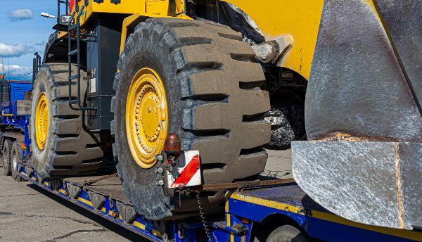 A large yellow bulldozer is sitting on top of a trailer.