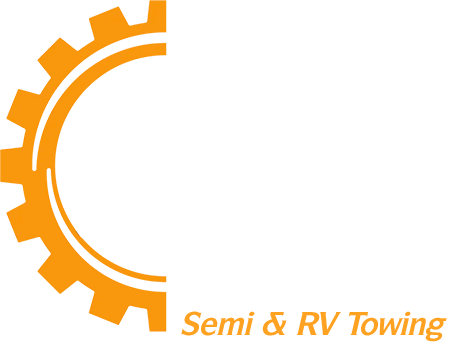 A logo for semi and rv towing with an orange gear