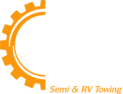 A logo for semi and rv towing with an orange gear