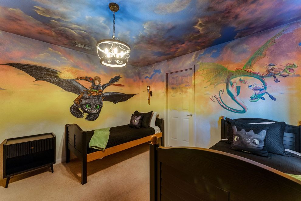 A bedroom with two beds , a nightstand , and a mural on the ceiling.