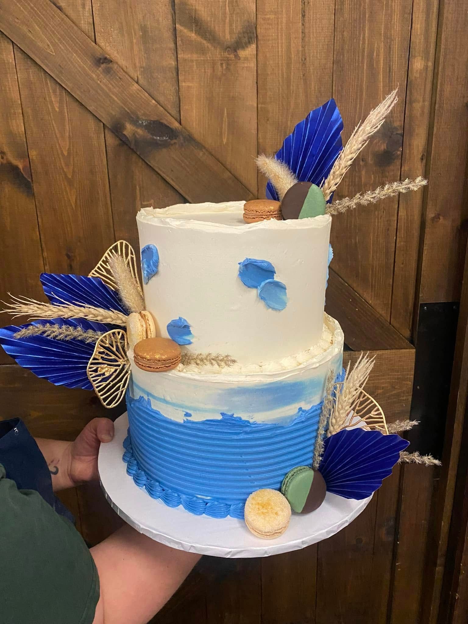 Two-tiered cake with blue frosting, feathers, and macarons, held against a wooden door.