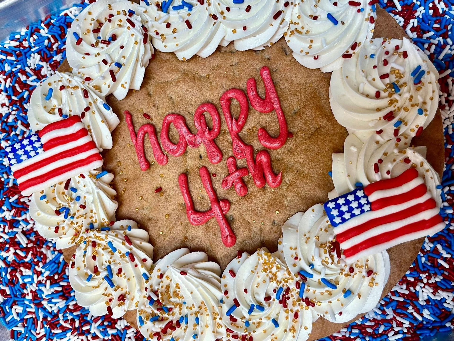 Patriotic cookie cake with red icing 