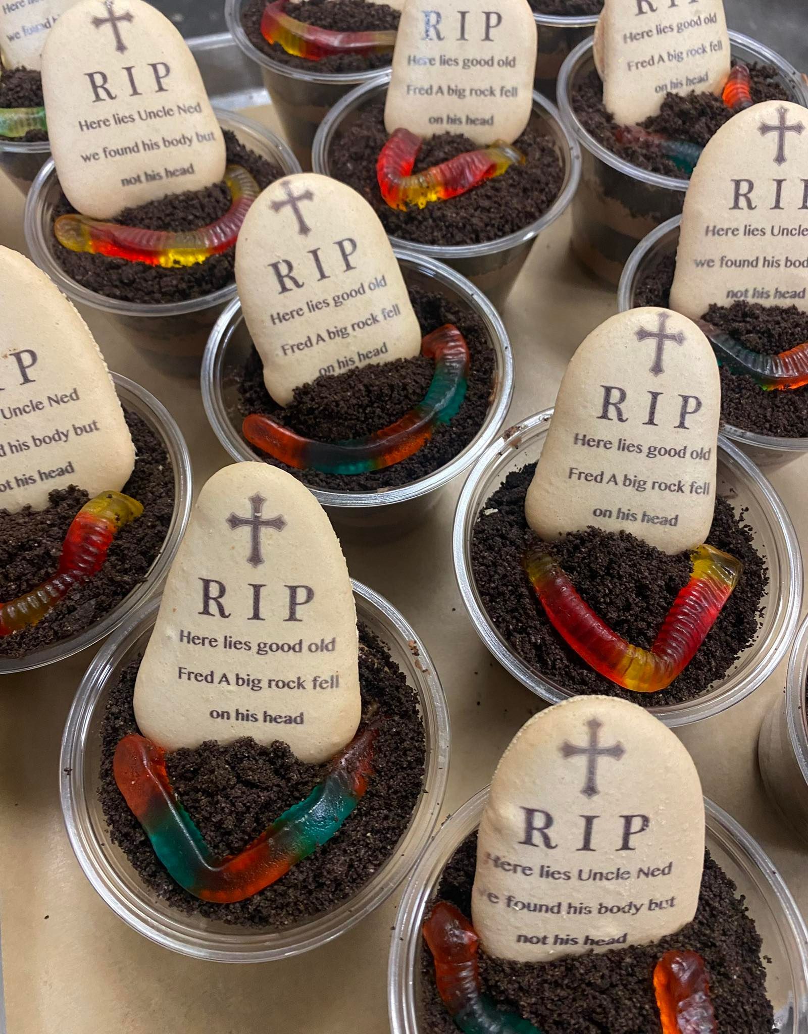 Halloween graveyard desserts in clear cups: cookies, 