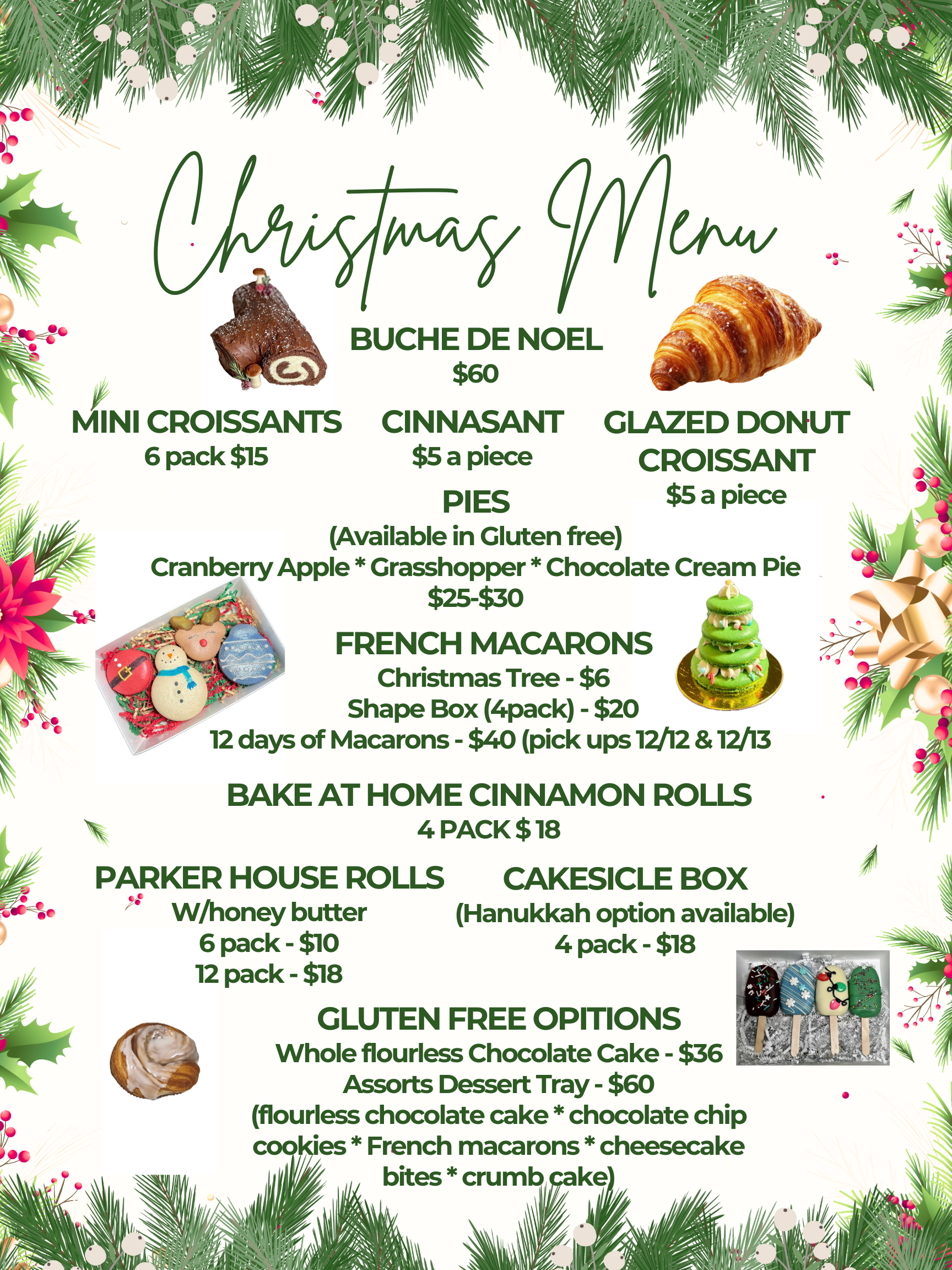 Christmas menu with baked goods like croissants, pies, macarons, and cinnamon rolls.