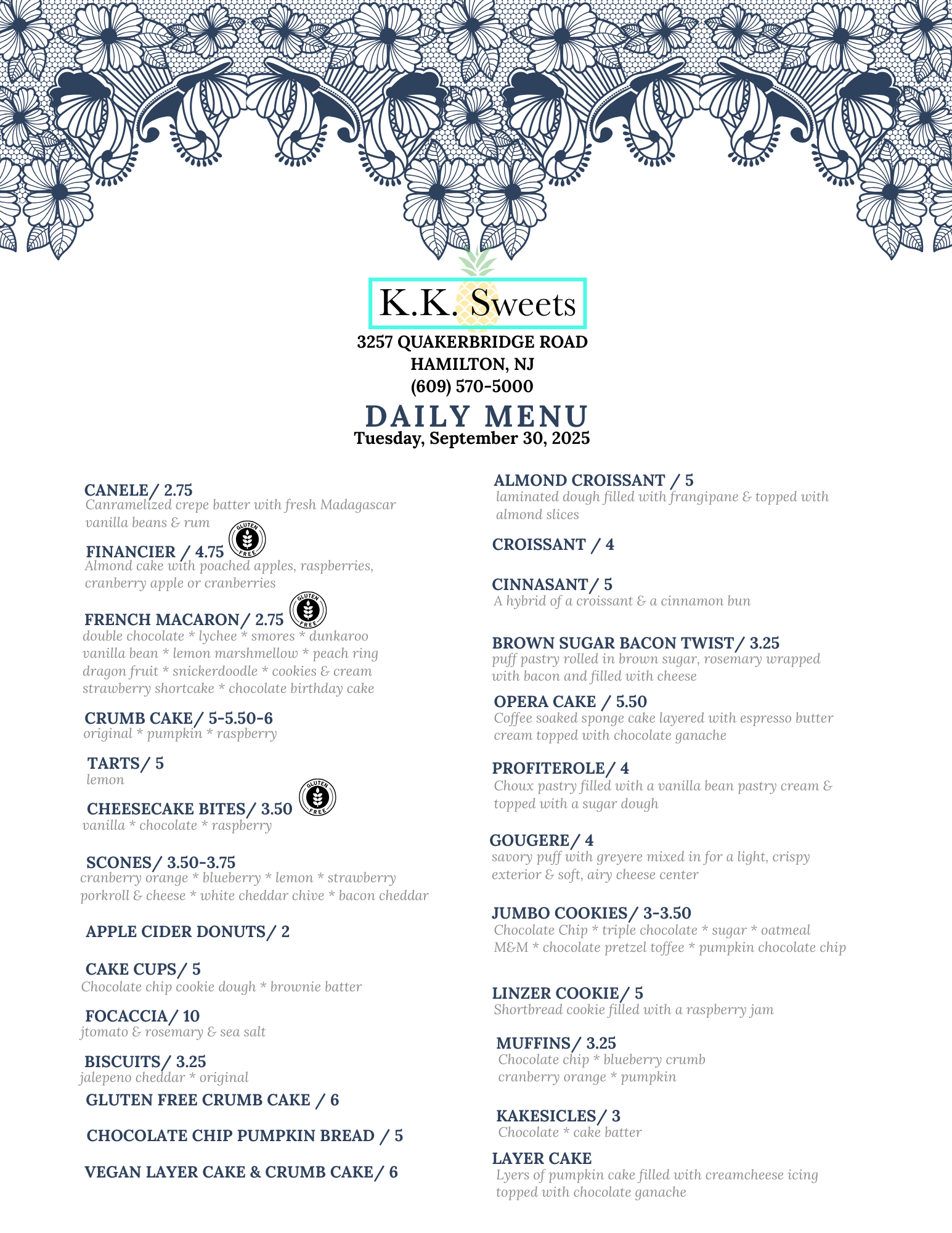 Menu from K.K. Sweets. Daily menu with pastries, cakes, and other desserts listed.