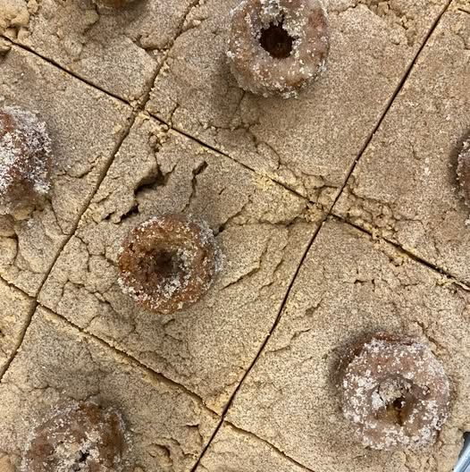 Baked goods: A square pan of cut dough with small, frosted doughnuts scattered on top.
