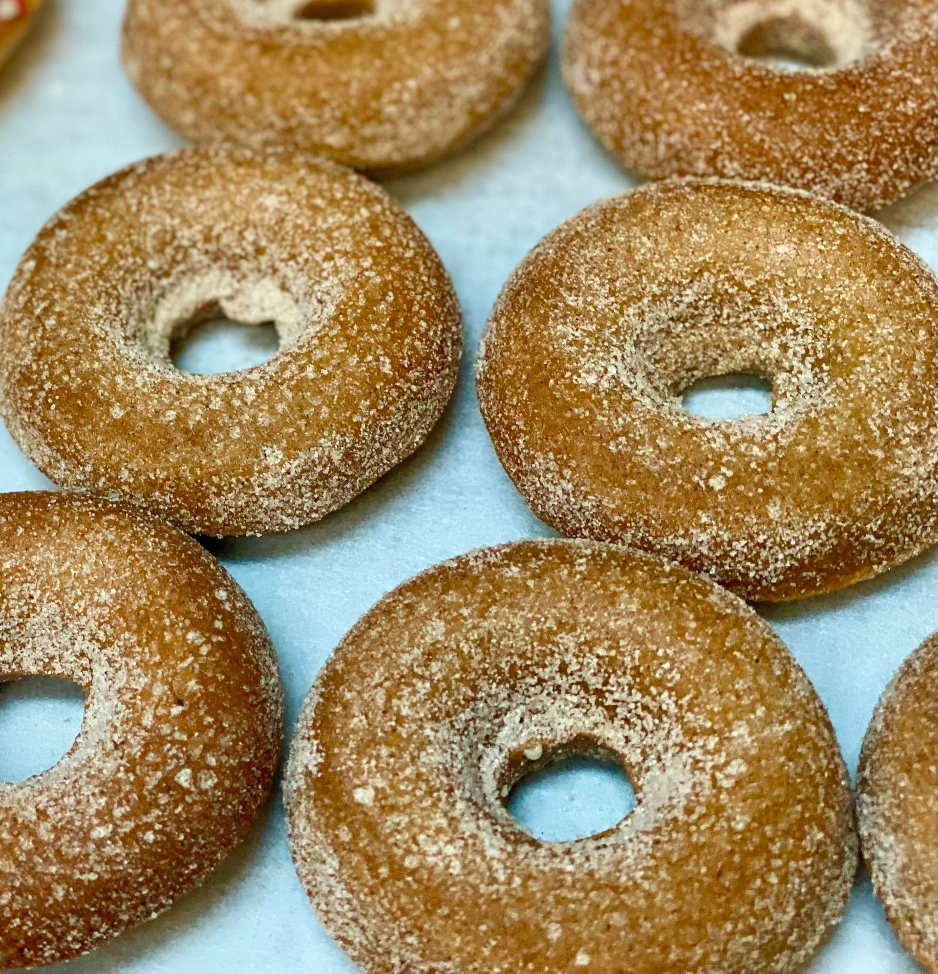 Cinnamon sugar donuts on a light blue surface.