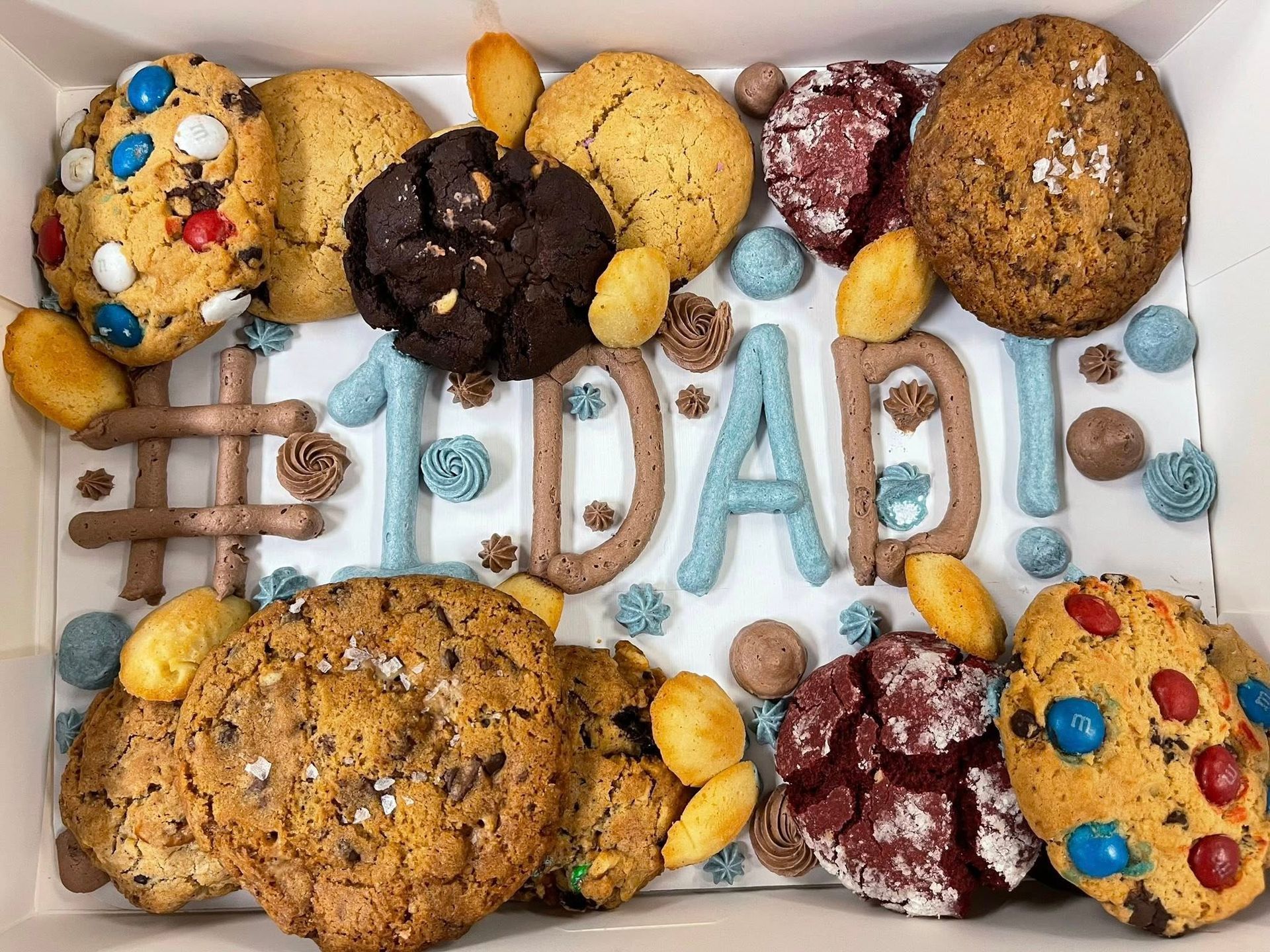 Boxed assortment of cookies, with the words 