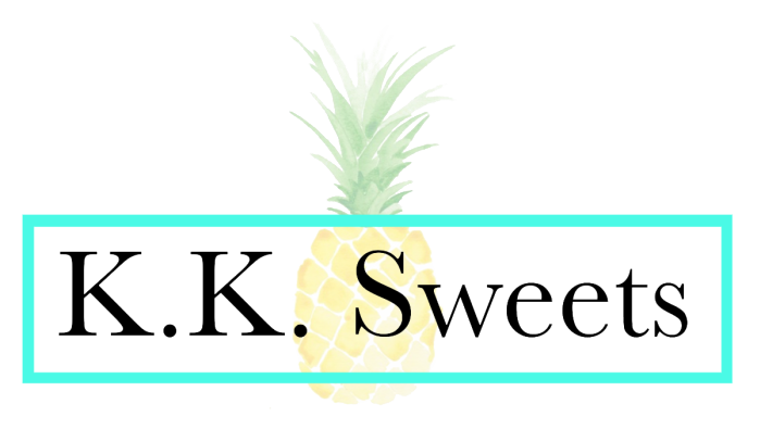 Logo for K.K. Sweets with a pineapple behind text in a turquoise box.