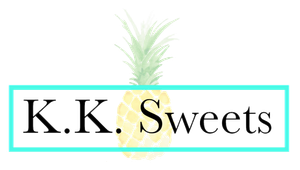 Logo for K.K. Sweets with a pineapple behind text in a turquoise box.