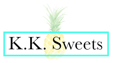 Logo for K.K. Sweets with a pineapple behind text in a turquoise box.