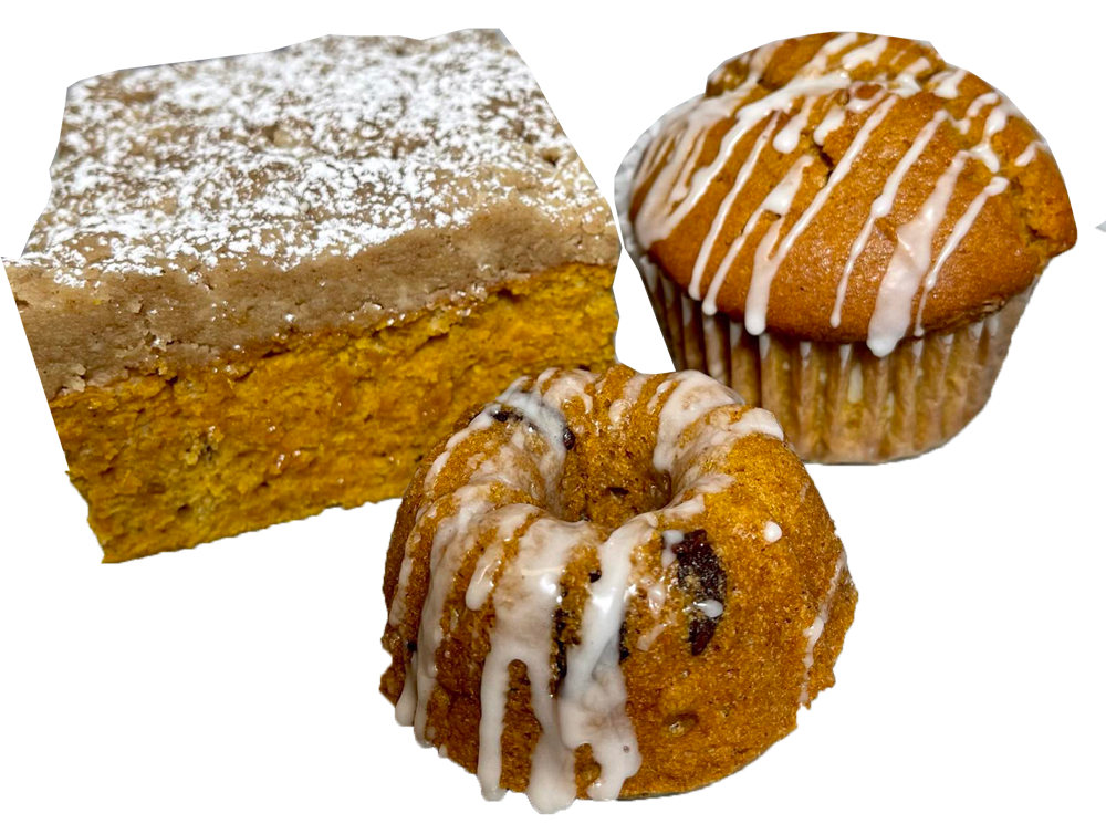 Pumpkin baked goods: Coffee cake, muffin with icing, and mini bundt cake with icing.