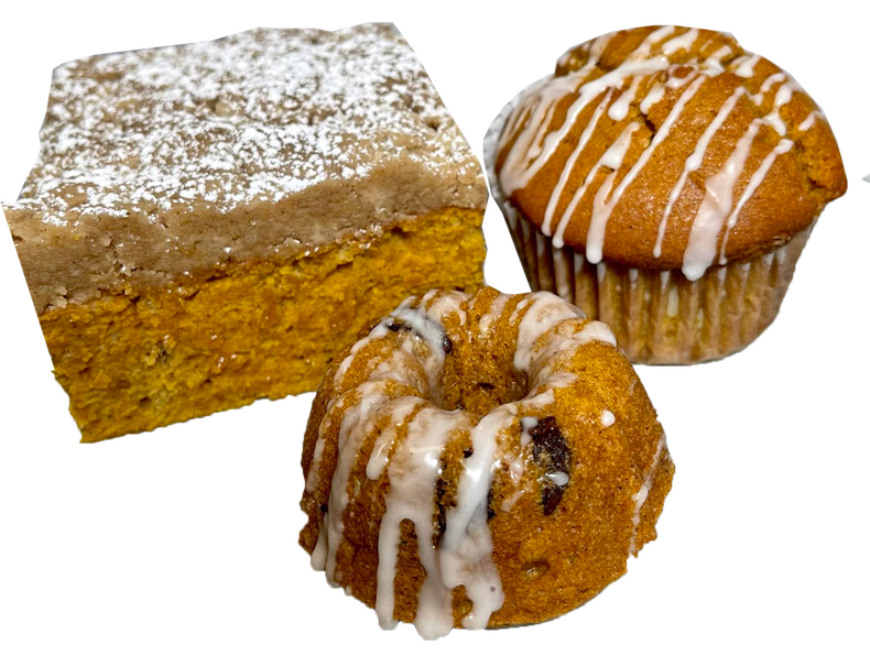 Pumpkin baked goods: Coffee cake, muffin with icing, and mini bundt cake with icing.
