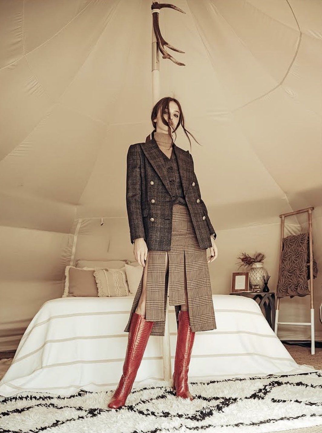 lotus glamping tent interior with woman model