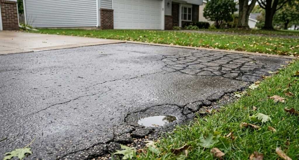 Close-up of asphalt driveway cracks - edges, damage, and small potholes