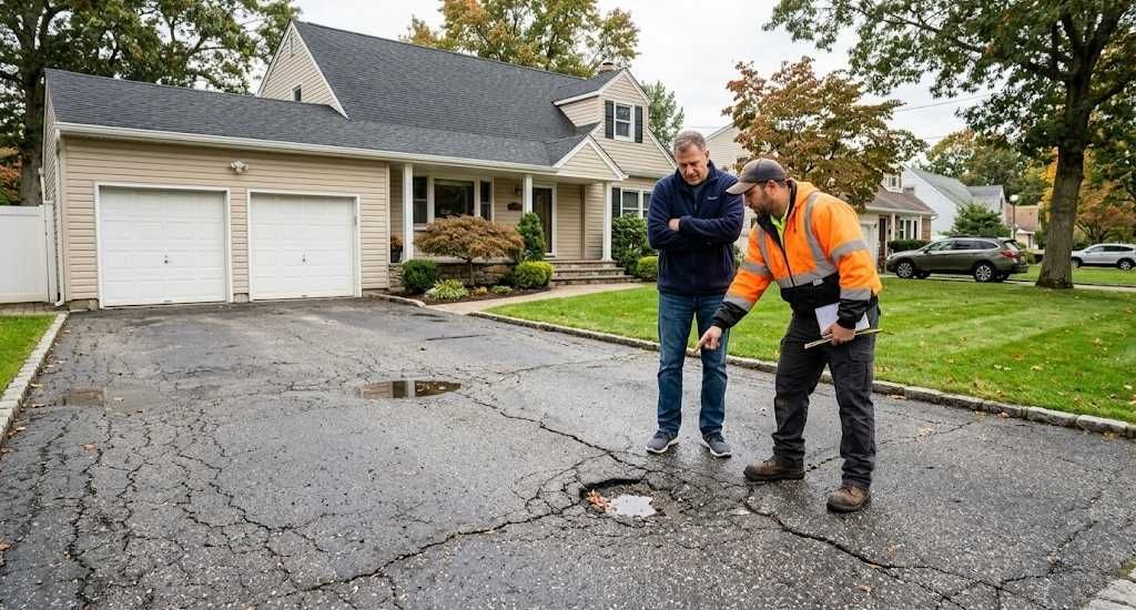 Contractor inspecting cracked asphalt driveway at a Medford NY home