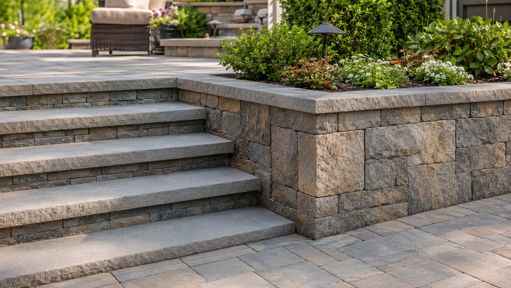 Stone masonry steps, retaining wall, and paved patio beside landscaped garden beds in a residential 