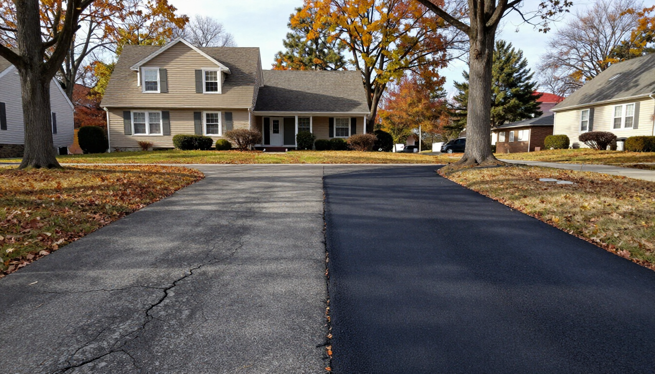 Asphalt driveway in Farmingville NY showing cracked worn surface beside freshly resurfaced blacktop