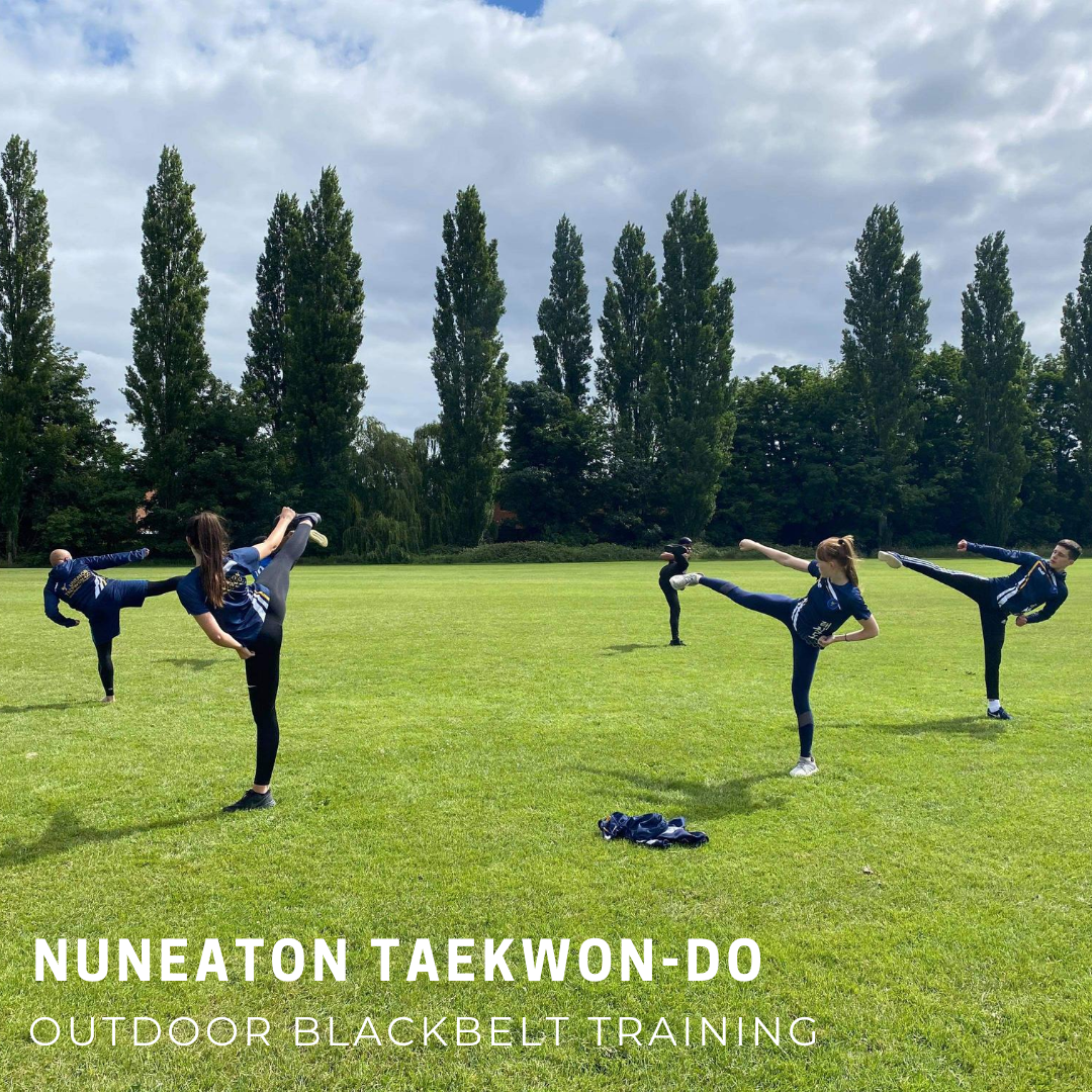 Young adults side kicking to centre